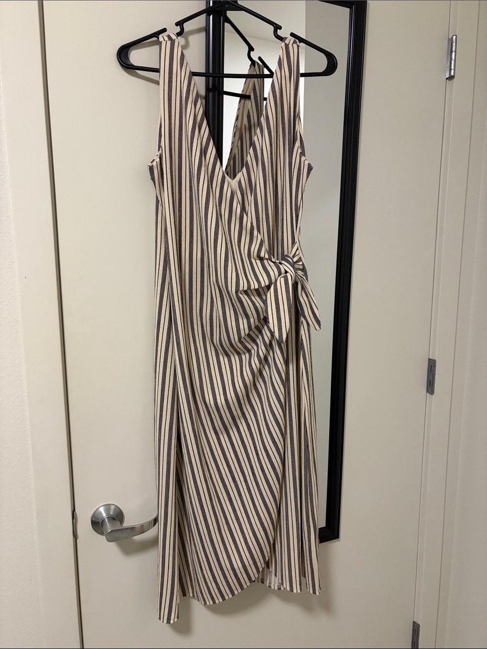 H&M Striped Sleeveless Wrap Midi Dress in Beige and Black